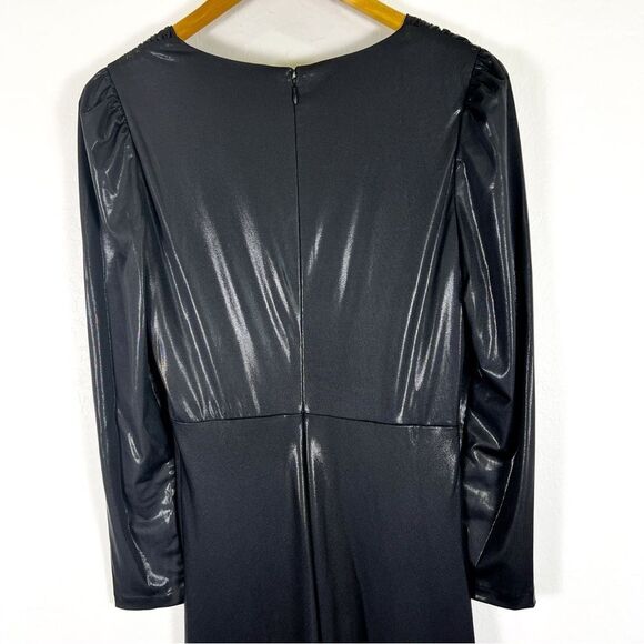 DKNY Dress Side Ruched Jersey Long V-neck Surplice Dress Faux Leather Look 6 NWT - Picture 8 of 16